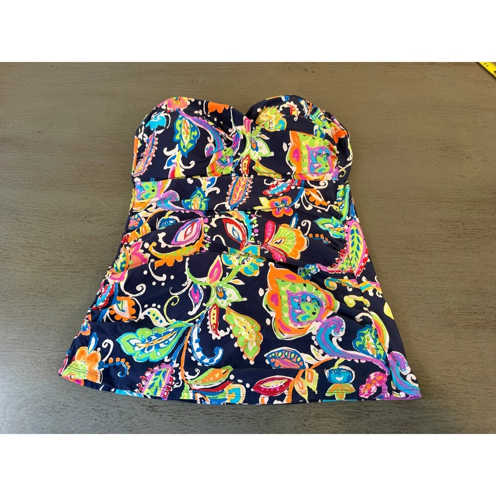 Anne Cole Womens Paisley Floral Bandeau Tankini Swim Top Navy Multi Large